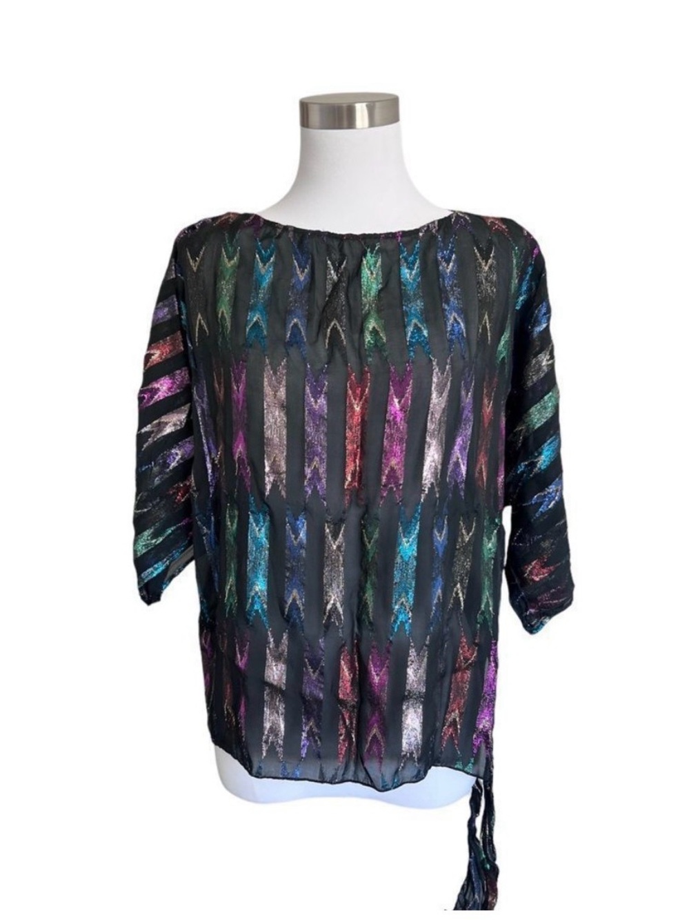 Teddi Black Blouson Top with Metallic Multi-Color Brushstrokes